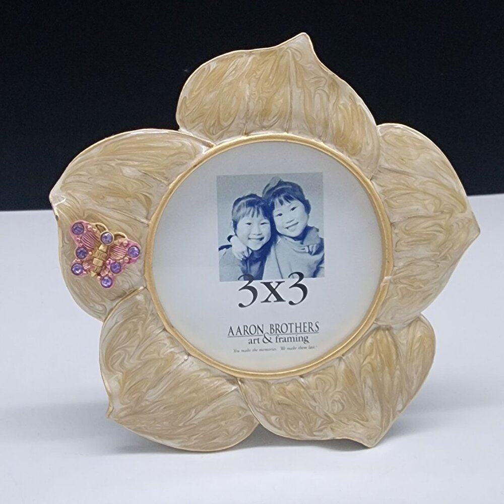 Aaron Brothers 3x3 Flower Shape Picture Frame Enameled With Pink Butterfly Accen